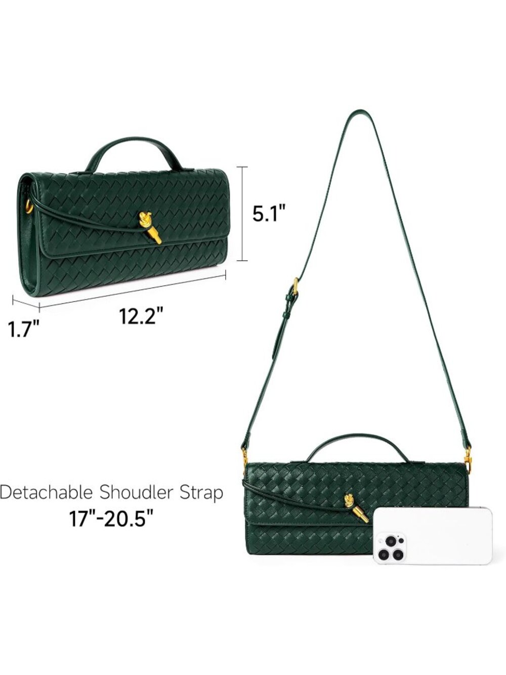 Women Emerald Green Woven Leather Clutch Vegan Purse Formal Crossbody Handbags - Picture 4 of 7